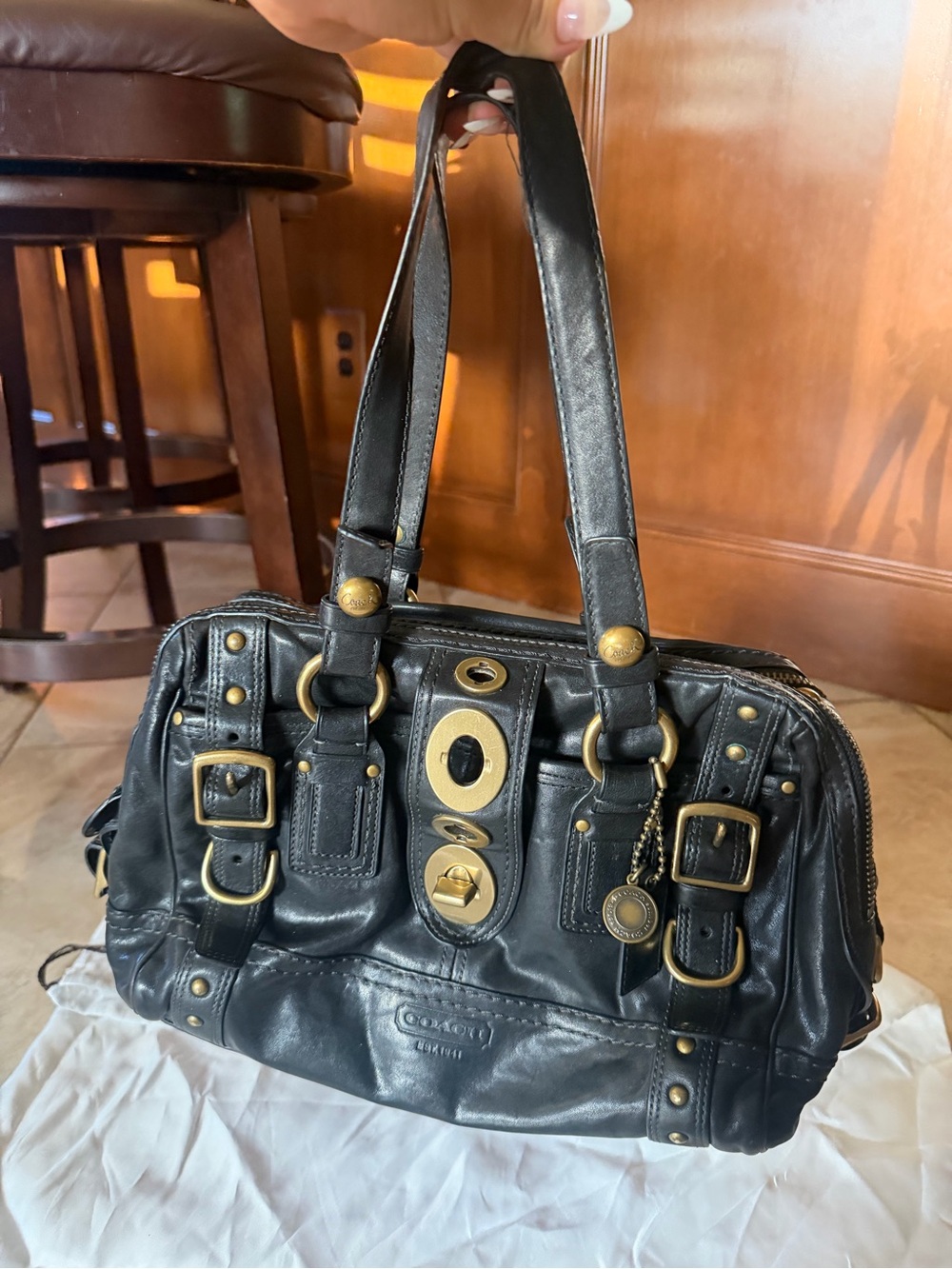 Vintage Coach Legacy Lily Satchel Black Leather Bag with Brass 65th Anniversary